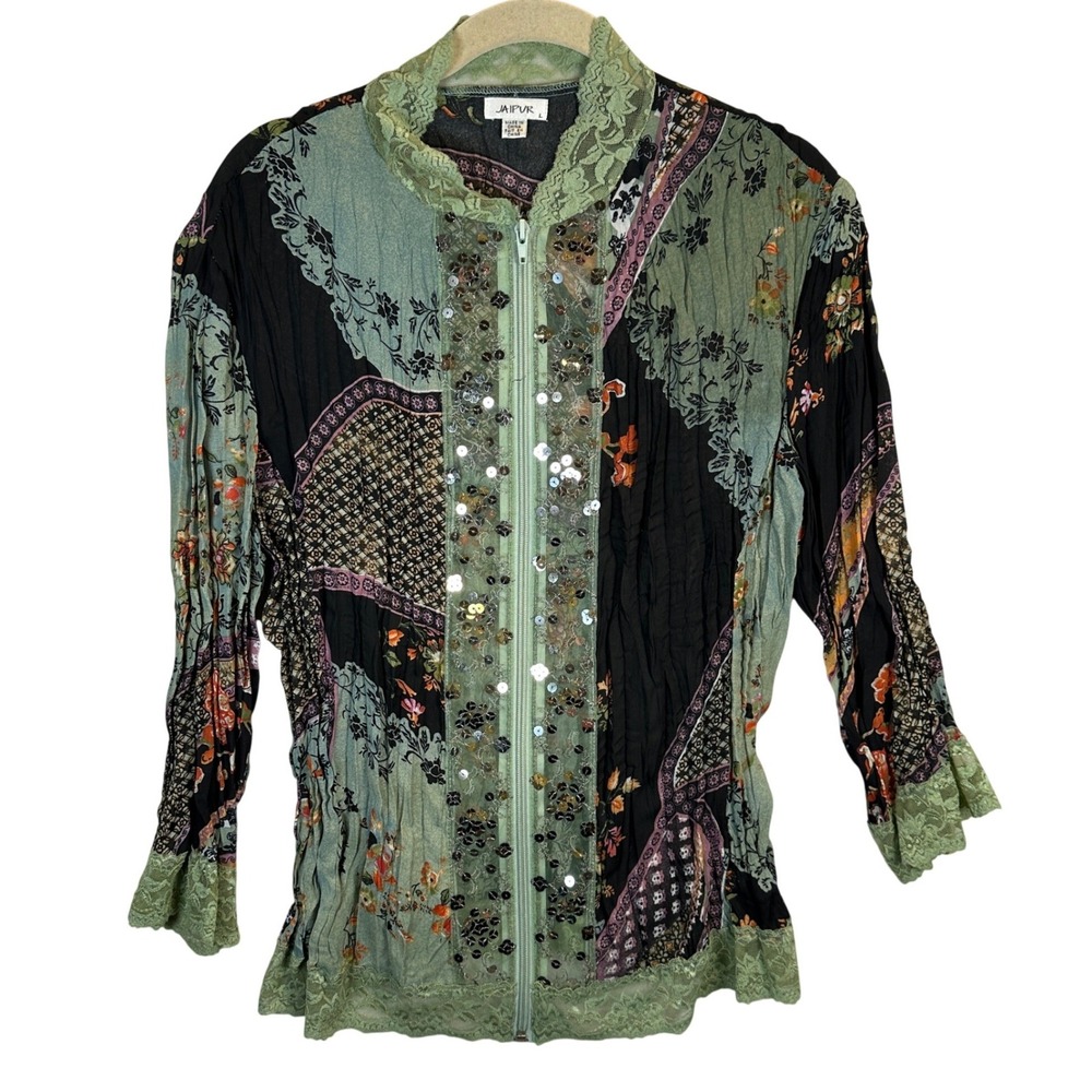 Fairy Whimsical Goth Green Black Floral Patchwork Zip Sequin Lace Top Large